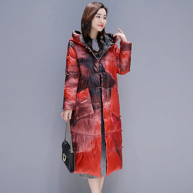 

2018 Winter Printed Cotton-padded Clothes/Cotton Coat Mid-length Printed Simple Fashion Elegant Versatile Elegant Hooded Wind