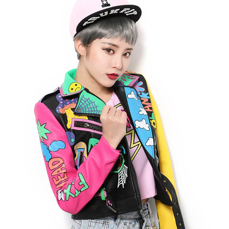 

Rock Punk Jacket Leather Women Zipper Rivet Designer Short Cropped Metal Graffiti Faux Leather Jacket Woman Motorcycle PU Tops