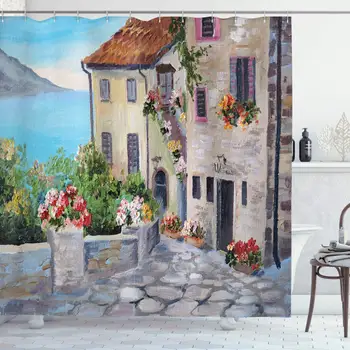 

Lakehouse Decor Collection, Old Houses in a Small Town near the Sea Flower Pots at Windows Oil Painting, Polyester Fabric