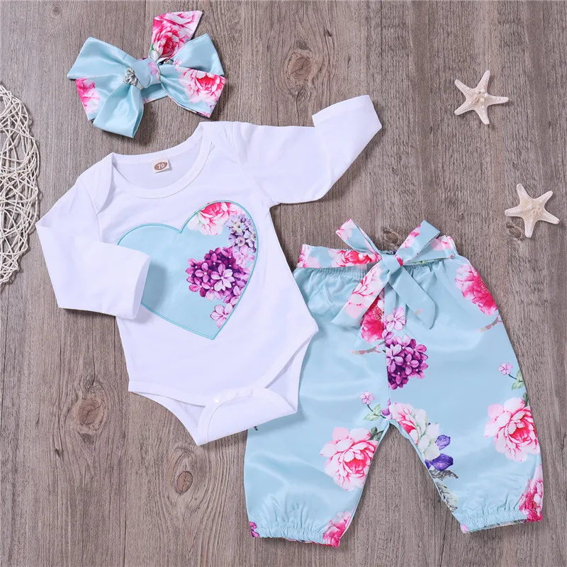 

Spring and Autumn New Cotton Casual Newborn Beautiful Floral Bodysuit and Pants and Bow Headband Set for Baby Girl Jumpsuit