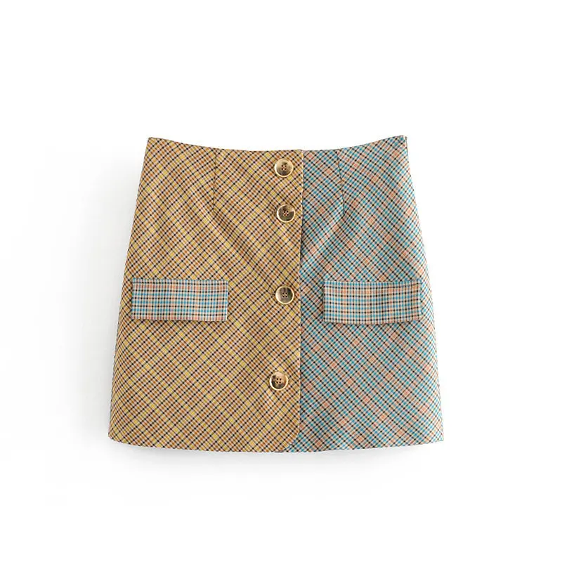 

QZ2736 Women's Unique Personality Color Block Plaid Print Buttons Deco Skirt Autumn Saias