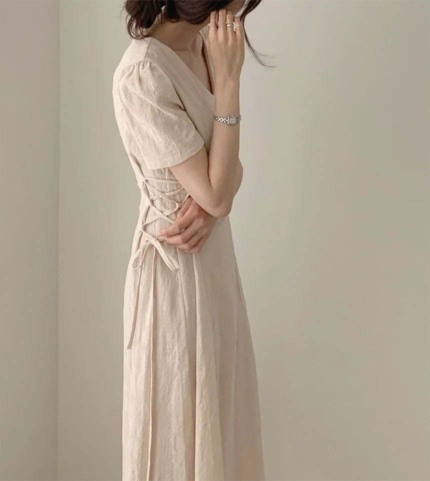Женские летние платья длинное корейское японское стильное дизайнерская лента с бантом на талии ТРАПЕЦИЕВИДНОЕ хлопковое льняное винтажное платье 7326
