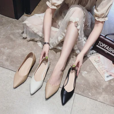 

2019 leather chunky with nude one-piece shoes for women summer versatile with pointy one-piece pumps and low-cut professional he