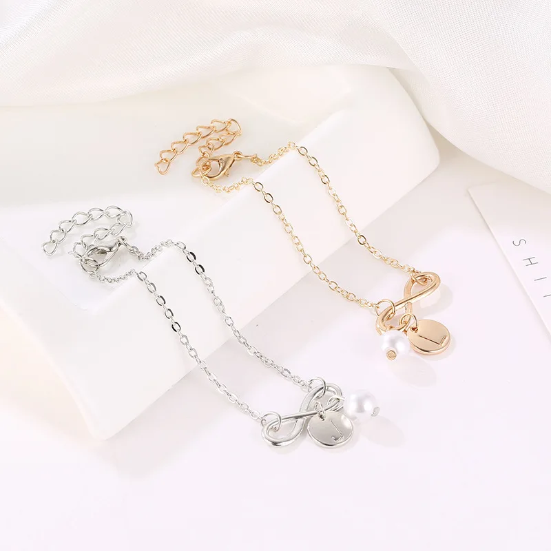 Simple New Design 26 Letter Bracelet Pearls Wafer Pendant Braclet Beach Jewelry Pulseira Feminina Drop shipping Hand Chains