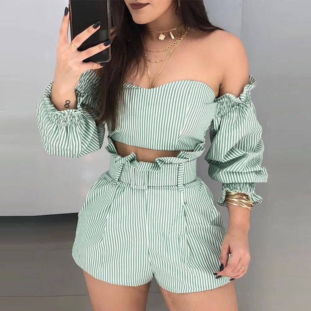 

Slash Neck Striped Sexy Club 2 Piece Sets Off Shoulder Strapless Ruffles Full Sleeve Crop Top Shorts Women Green Matching Sets