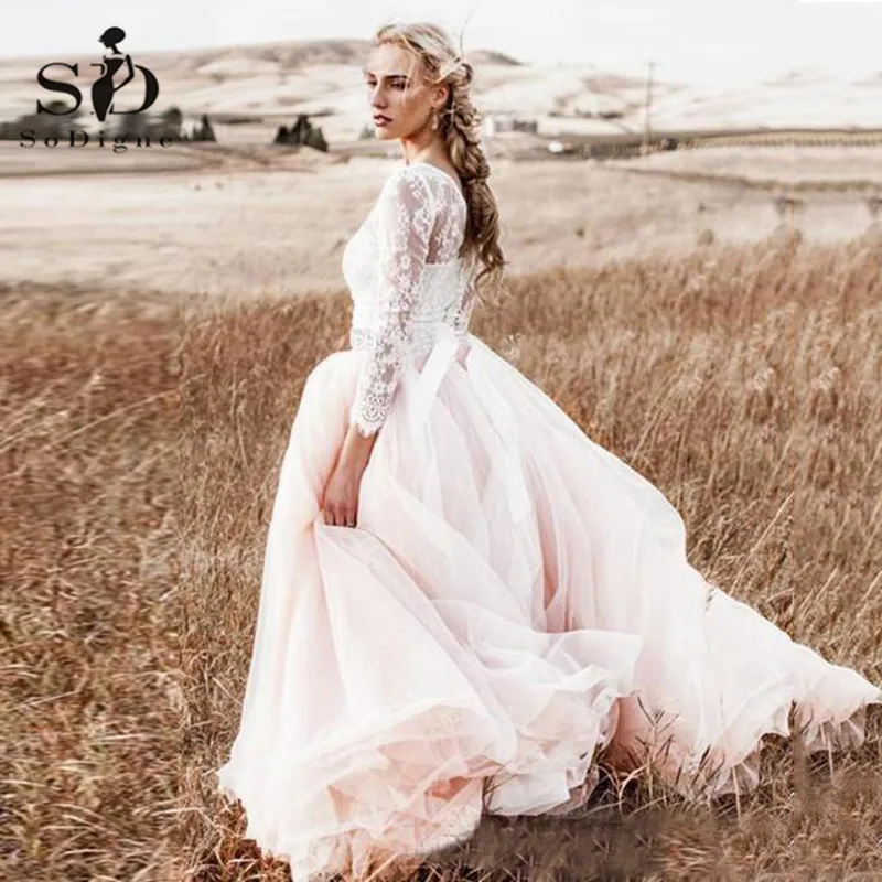 Country Wedding Dresses Long Sleeves Beach Bridal Gowns V Neck Tulle Wedding Dress For Women vestido de noiva