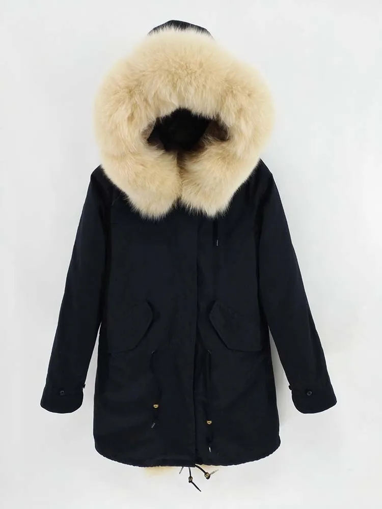 dark beige fox fur Женское пальто с большим воротником MaoMaoKong, длинная теплая повседневная парка с воротником из натурального меха енота, зимний сезон - Цвет: dark beige fox fur