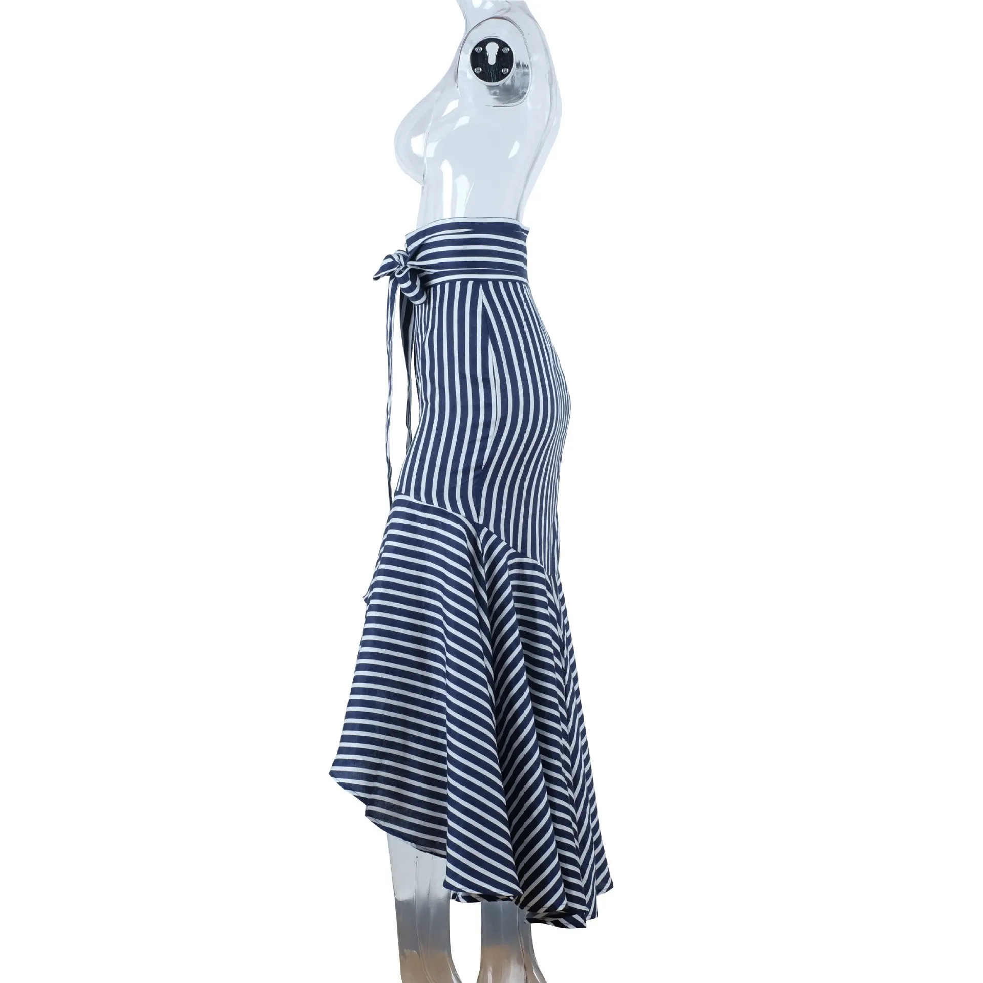 Женская длинная юбка в стиле бохо с оборками, синяя полосатая Асимметричная юбка с завышенной талией, Необычные пляжные юбки с поясом-бабочкой