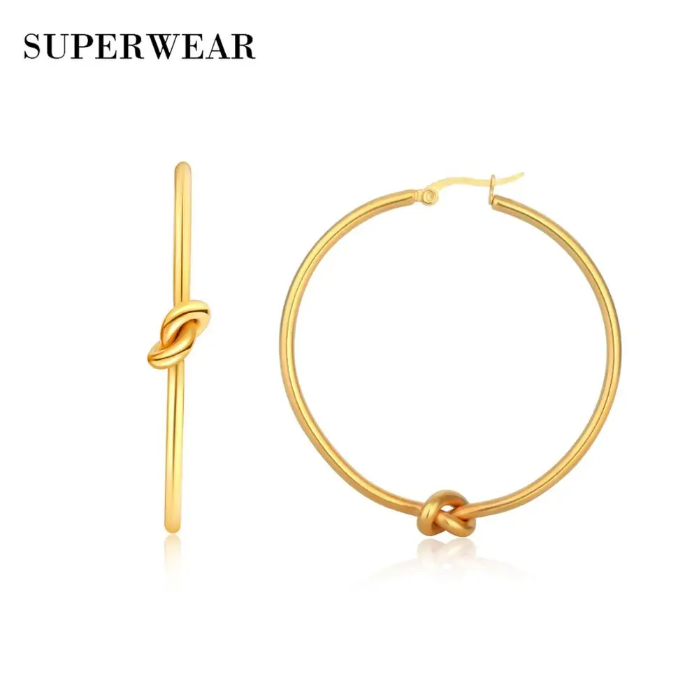 SUPERWEAR, серьги с узлом для женщин, нержавеющая сталь, серебро, желтый, золотой цвет, большие крученые серьги-кольца, панк, модные ювелирные изделия, подарки - Окраска металла: Gold Earrings