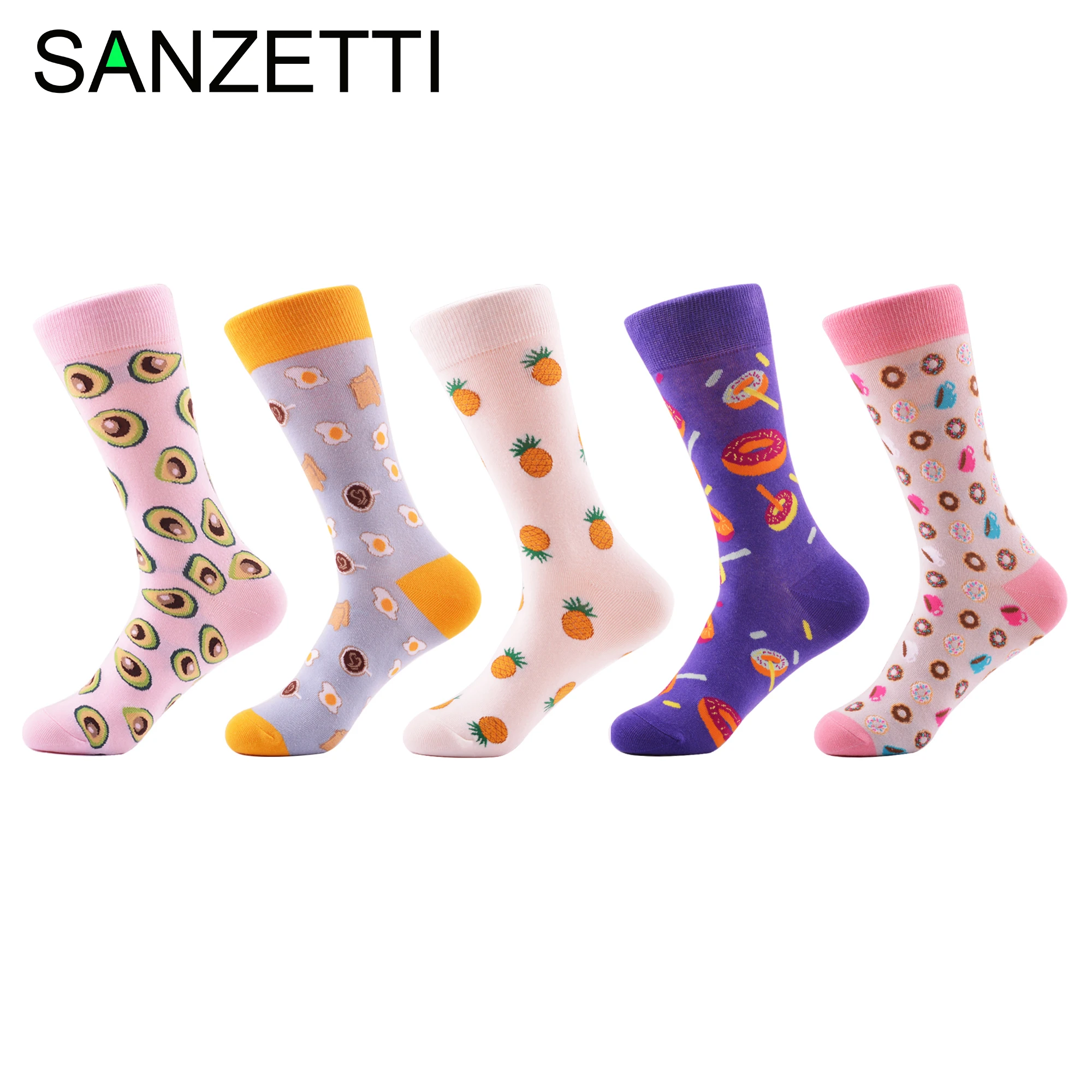 SANZETTI, 5 пара/лот, женские носки с забавным рисунком из чесаного хлопка, модные стильные Разноцветные Повседневные женские свадебные носки унисекс