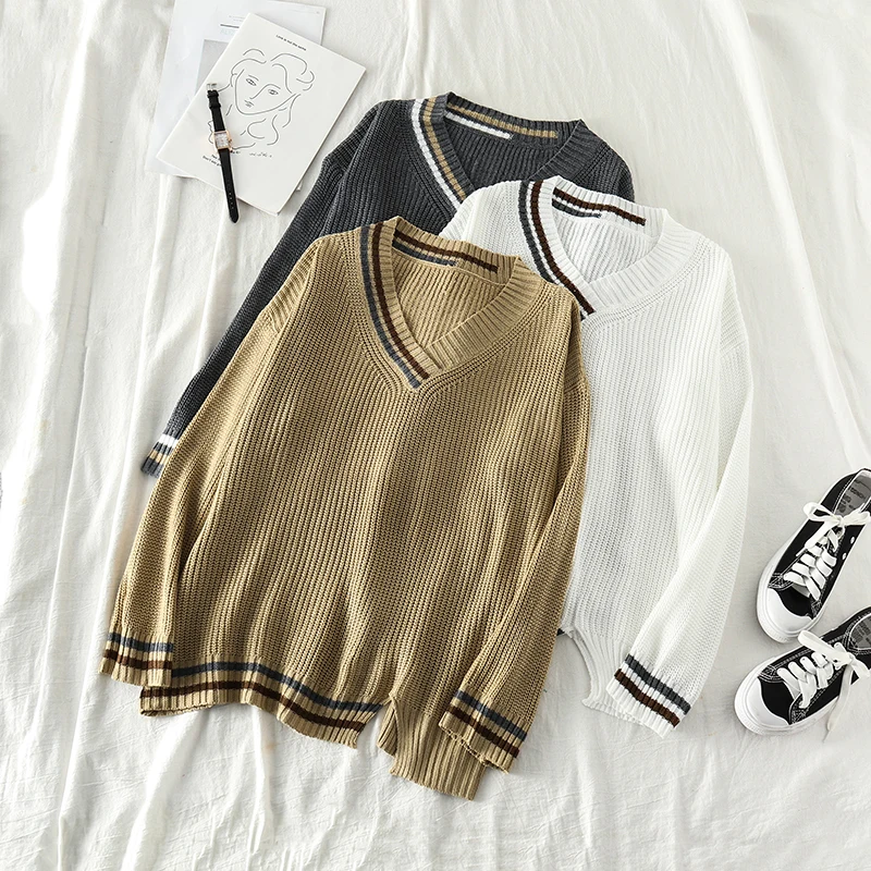 

Mooirue Kintting Pullover Autumn Women V Neck Loose Striped Split Casual Streetwear Long Sleeve Women Sweater Khaki Gray Tops