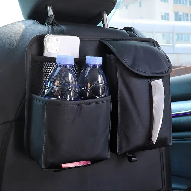 Sac de rangement arrière de siège de voiture en cuir PU filets de rangement  automatique, pochettes multiples pour téléphone, mouchoirs, bouteille d'eau  avec 2 supports de cintres - AliExpress