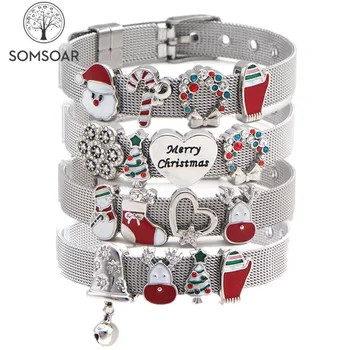 

Somsoar Jewelry Silver Plated Stainless Steel Mesh Bracelet Bangles with Christmas Slide Charms Bracelets as Xmas day Gift 21cm