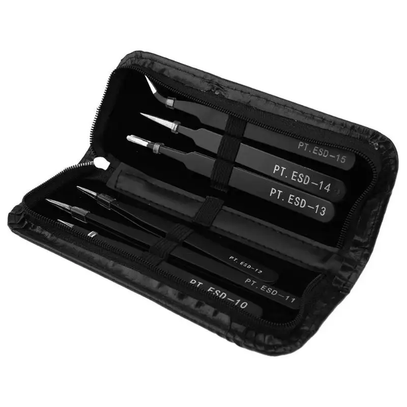 

6pcs Stainless Steel Safe Anti-Static Tweezers Set Manicure Tool with Bag