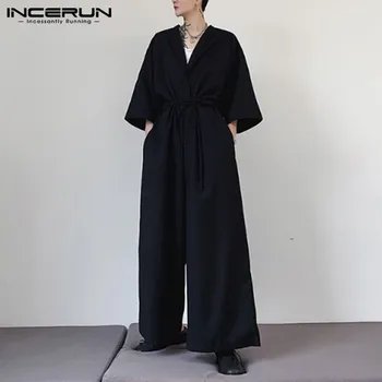 

INCERUN Men Jumpsuit Fashion Solid Casual Punk V Neck Rompers Streetwear Half Sleeve Wide Leg Pants Hombre Loose Overalls S-5XL