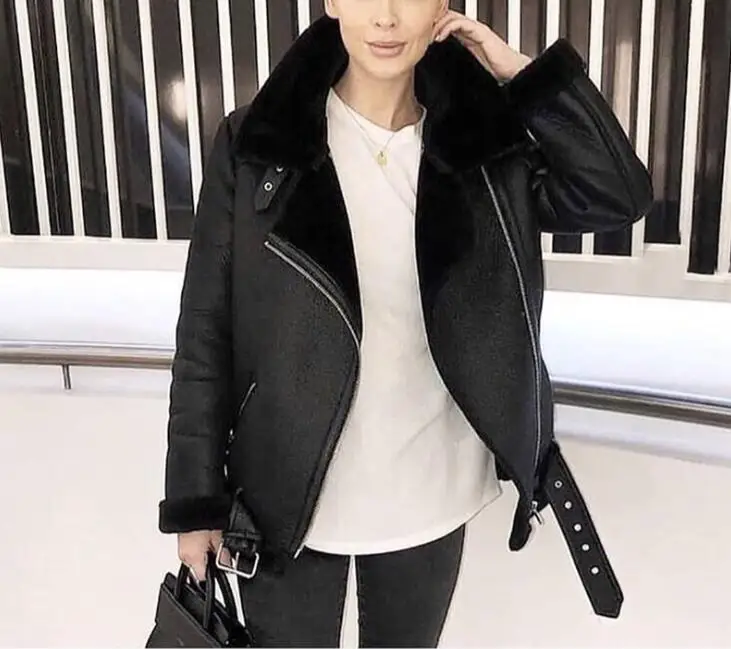 Genuo New New Winter Women Sheepskin Coats Thicken Faux Leather Fur Female Coat Fur Lining Leather Jacket Aviator Jacket