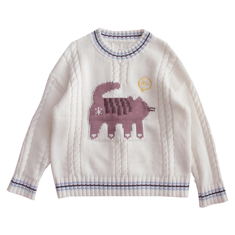 White sweater Зима, новинка, Kawaii, вязаный свитер, женская одежда, милый мультяшный Кот, для девочки-подростка, пуловер, свободная вязаная одежда, женские белые свитера - Цвет: White sweater