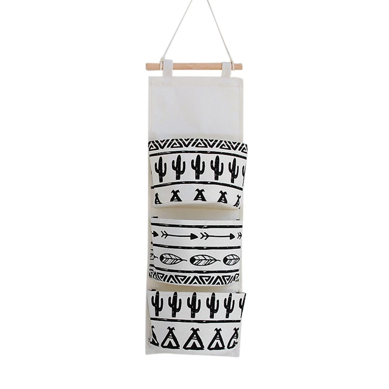 Nordic Style Three-grids Cotton Linen Hanging Storage Bag Wall Mounted Wardrobe Hanging Bag Wall Pouch Cosmetic Toys Organizer