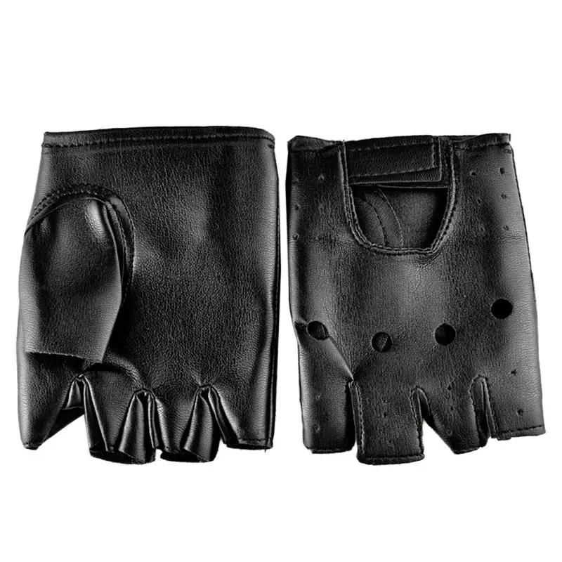 Men Faux Leather Slip-Resistant Half Finger Fingerless Gloves Hand Wrist Mittens Hollow Out Black Driving Motorcycle Unlined