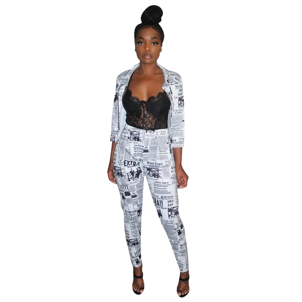 

Autumn Winter Women Two Piece Set Top and Pants Plus Size Tracksuit Sweatsuit Outfit News Paper Print Active Casual Sets Suits