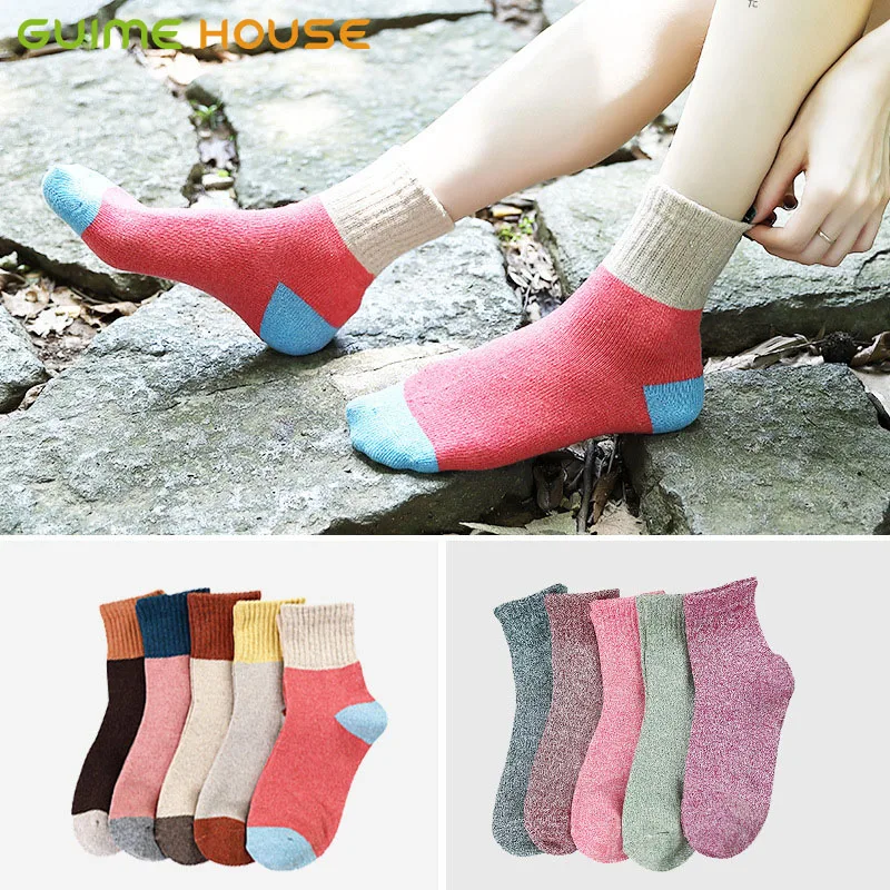 

GUIME HOUSE 5Pair/lot Winter Thick Warm Cotton Socks Korean Style Women Imitation Wool Crew Sock Striped Socks For Girls Sox