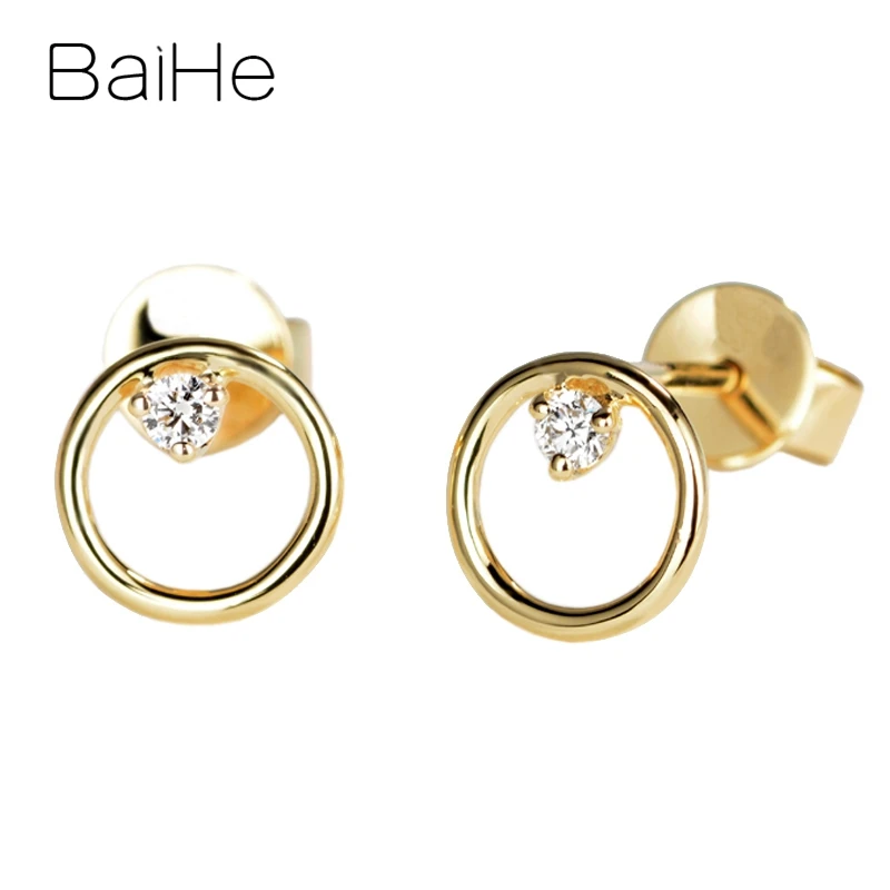 Yellow Gold BAIHE Твердое 14 к желтое золото 0.06ct H/SI круглые натуральные бриллианты, ювелирные изделия для свадьбы, помолвки, хорошее ювелирное изделие, подарок, круглые серьги-гвоздики - Цвет камня: Yellow Gold