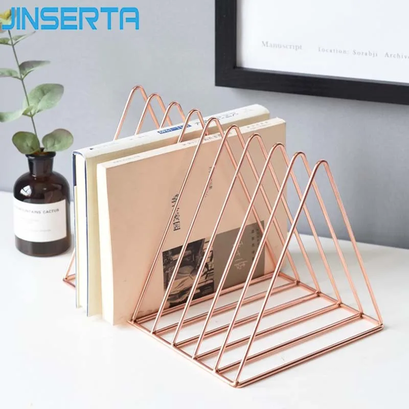 

JINSERTA Rose Gold Bookshelf Desktop Metal Book Block Office Newspapers Magazines Storage Rack Home Decor Golden Shelf