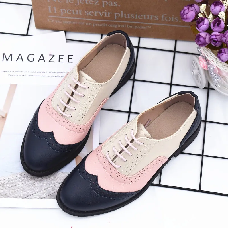 blue pink Женские туфли-оксфорды из натуральной кожи на плоской подошве; модная женская обувь на шнуровке; Цвет серебристый, розовый; мокасины; zapatos mujer; большой размер 45 - Цвет: blue pink