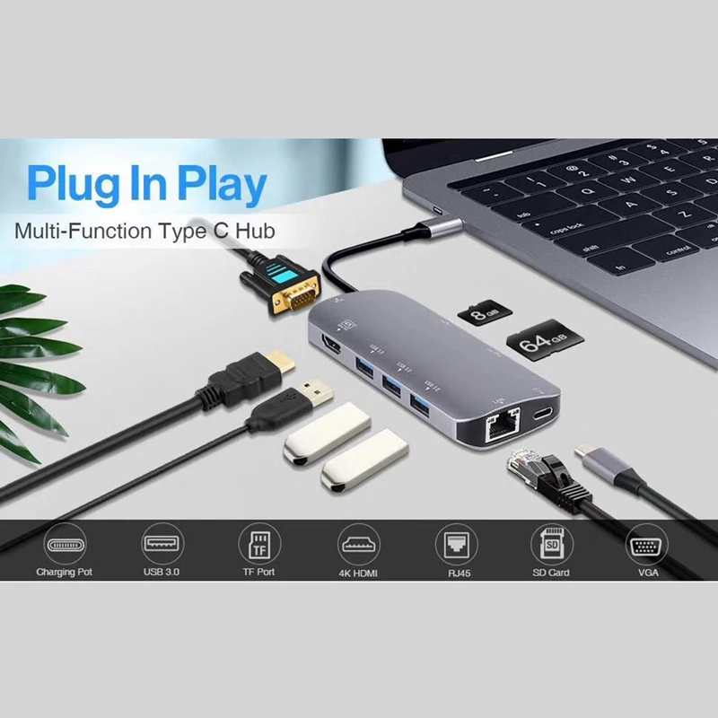 USB C концентратор, 9 в 1 Тип C адаптер с 4K HDMI, 60 Гц, VGA, 1 Гбит/с RJ45 Ethernet, с 3 портами(стандарт 3,0 Порты и разъёмы, светодиодный дисплей, SD/TF Card Reader устройство чтения карт, 60 Вт PD Зарядка Po