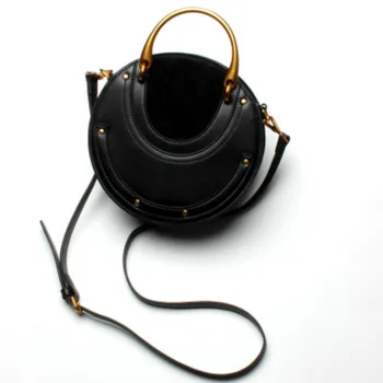 

Coated Cowhide Leather women bag Retro Metal handbag small round rivet One Shoulder Messenger Bag