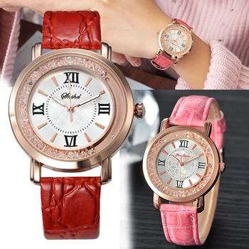 

Women Watch Red Leather Ladies Quartz Watches Girls Clock Casual Crystal Gold Steel Casual Female Wrist Watch Relogio Feminino