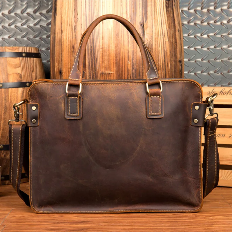 BOLEKE Men's Briefcase Crazy Horse Genuine Leather Men's Business Bag Vintage Male Messenger Shoulder Bag Men Briefcase - Color: Brown