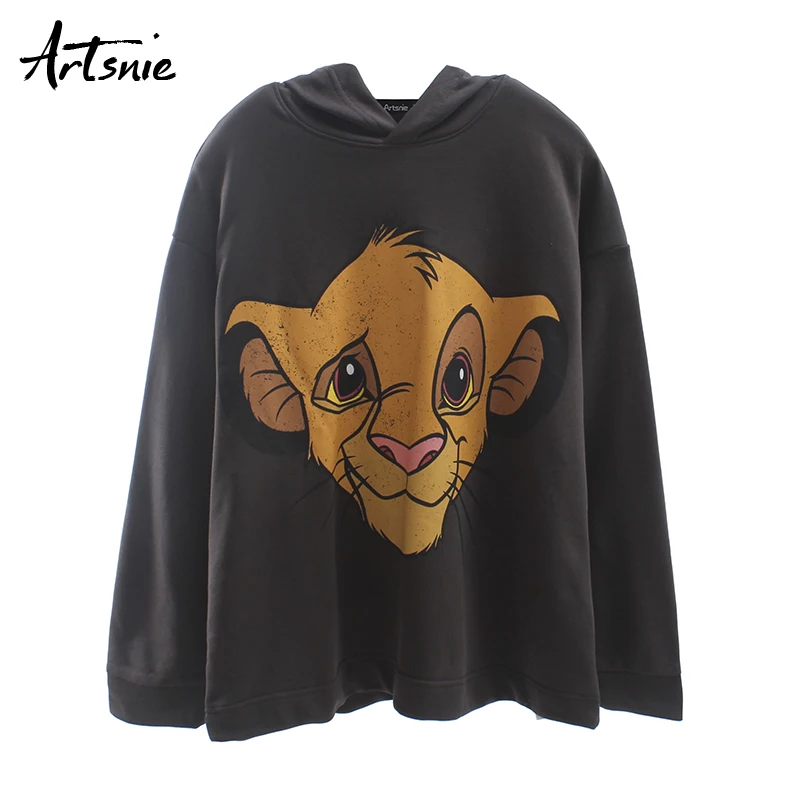  Artsnie dark gray cartoon print women sweatshirt autumn 2019 streetwear casual loose hoodies knitte