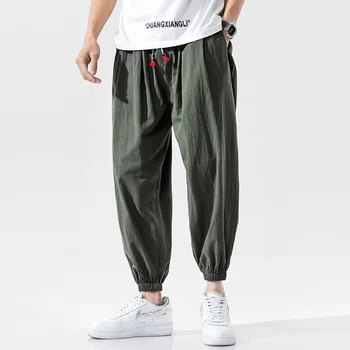 

Spring and summer new men's casual linen pants elastic band straight loose thin section solid color men's pants large size 5XL