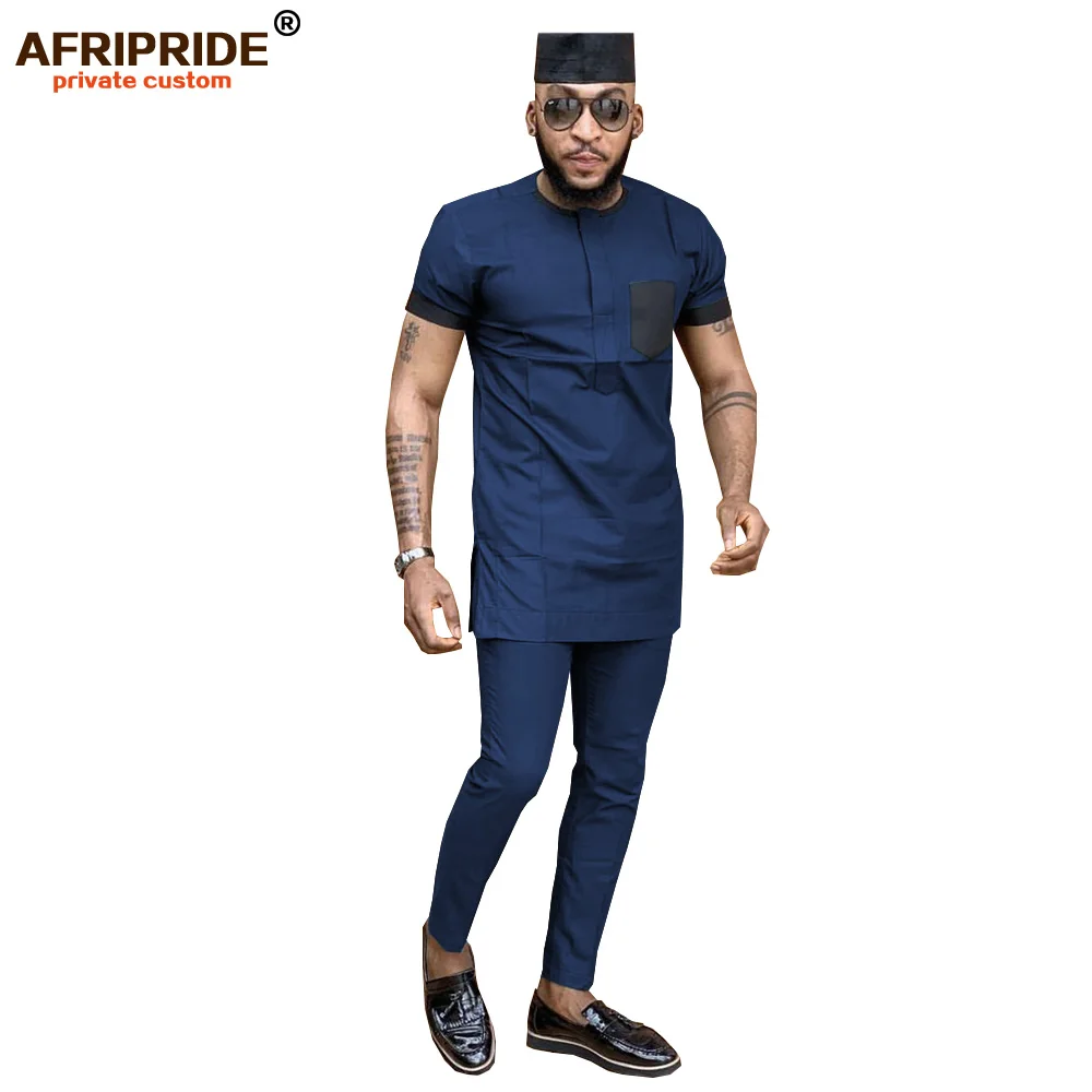 Африканская мужская одежда с принтом Дашики, 3 предмета, рубашки с коротким рукавом, брюки из Анкары, комплект с Племенной шляпой, спортивный костюм AFRIPRIDE A1916014 - Цвет: 14.12