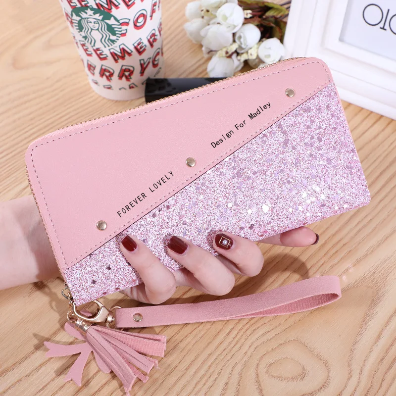 

2020 Ladies Fashion Sequined Patchwork Glitter Wallet Women Long PU Leather Coin Purse Female Tassel Clutch Card Holder Wallet
