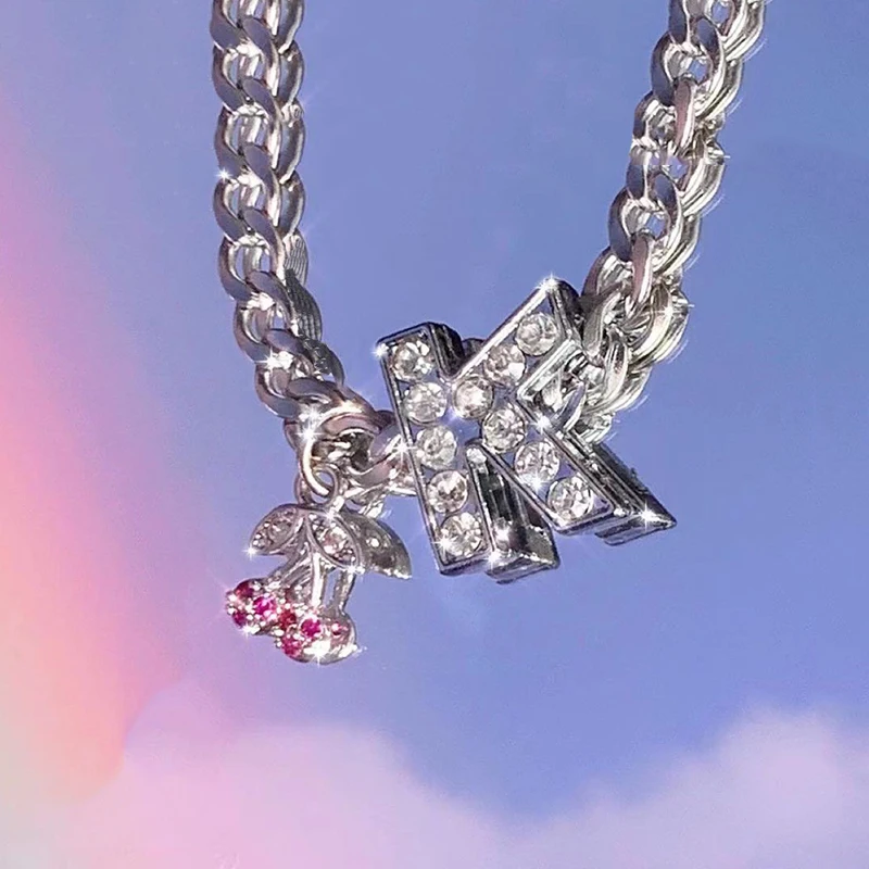 Egirl Jewelry Rainbow Crystal Letter Necklace for Women Harajuku Punk Choker Cherry Necklace