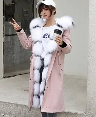 Stylish Trendy Outerwear Women's Down Jacket Streetwear Real Fox Fur Scarf Women's Winter Jacket Thick Section Snow Jacket Coat - Color: Pink