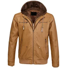 Мужская мотоциклетная куртка из искусственной кожи со съемным капюшоном, зимняя мужская теплая брендовая куртка из искусственной кожи, верхняя одежда для мужчин, черный, коричневый, американский размер