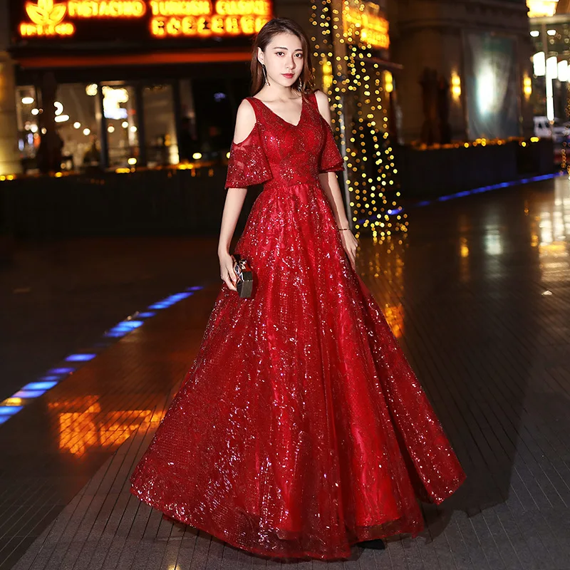 Красные элегантные вечерние платья для женщин трапециевидные с двойным v-образным вырезом с коротким рукавом из тюля блестящие вечерние платья Vestito Lungo - Цвет: Красный
