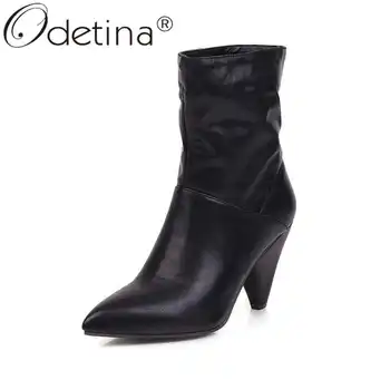 

Odetina Women Fashion Winter Pleated Pointed Toe New Ankle Boots Ladies Retro Slip On Sewing Block Extreme High Heel Short Boots