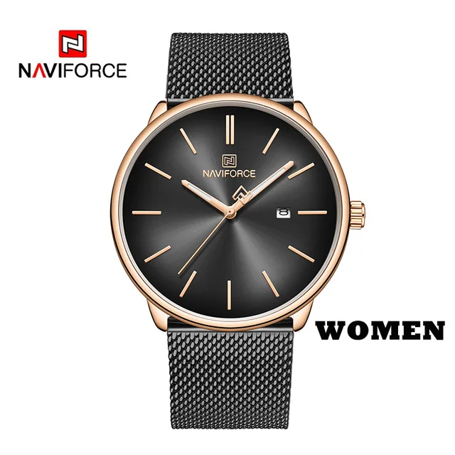 black WOMEN Роскошные часы для влюбленных NAVIFORCE для мужчин и женщин, простые повседневные кварцевые наручные часы, водонепроницаемые золотые часы, пара часов, подарки - Цвет: black WOMEN