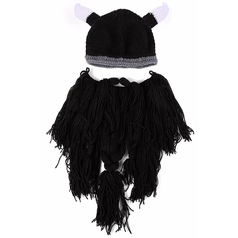 Dilidala Funny Handmade Knitted Hat Long Beard Viking Hat Woolen Bearded Pirate Horn Cap Halloween Winter Hats For Men - Цвет: Black