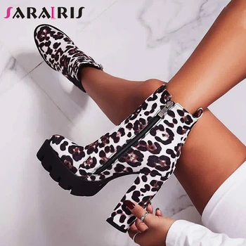 

SARAIRIS 36-41 New Leopard Lady High Heels Zip Booties Women INS Hot Ankle Boots Women Brand Party Ol Sexy PlatformShoes Woman