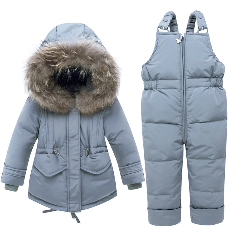 30 градусов для маленьких мальчиков холодная, зимняя куртка-пуховик с белым утиным пухом, куртка+ штаны, Детский комплект для девочек, помпон из натурального меха Меховой воротник с капюшоном, лыжный комбинезон комплект одежды для маленьких детей, лыжный костюм - Цвет: Gray