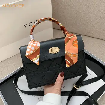

Fashion Lattice Pattern Women Shoulder Commuter Bag Silk Scarf Handle PU Leather Solid Color Hasp Crossbody Handbags