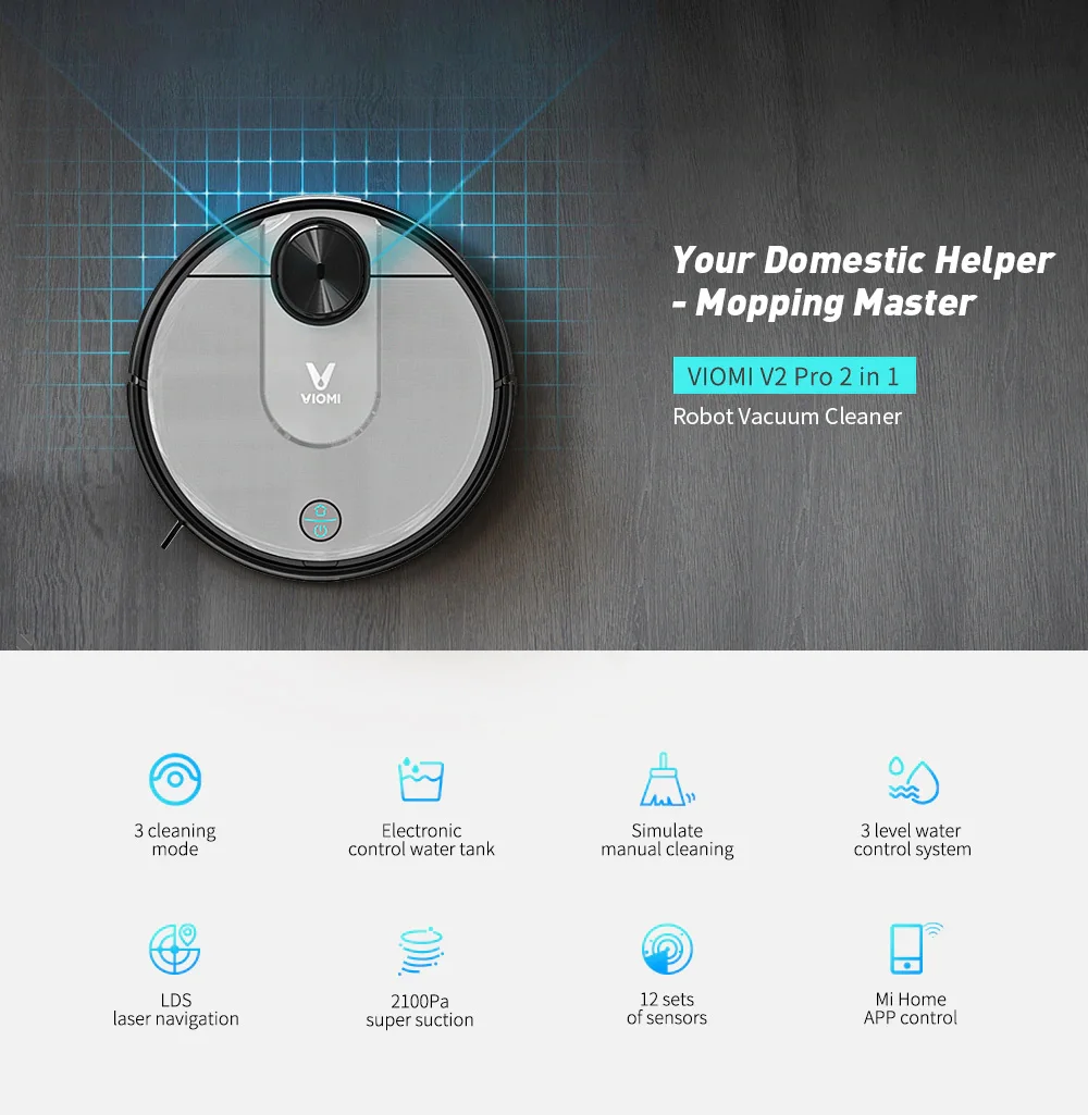 VIOMI V2 PRO LDS 2 in 1 Sweeping Mopping Dust Collector, Home floor Carpet Smart Robot Vacuum Cleaner,Quiet, Mijia APP Control 1