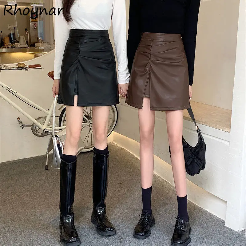 

Skirts Women Shirring Autumn Mini Solid Side-slit Simple High Waist Pure Trendy Comfort Female Leisure All-match Vintage Ulzzang