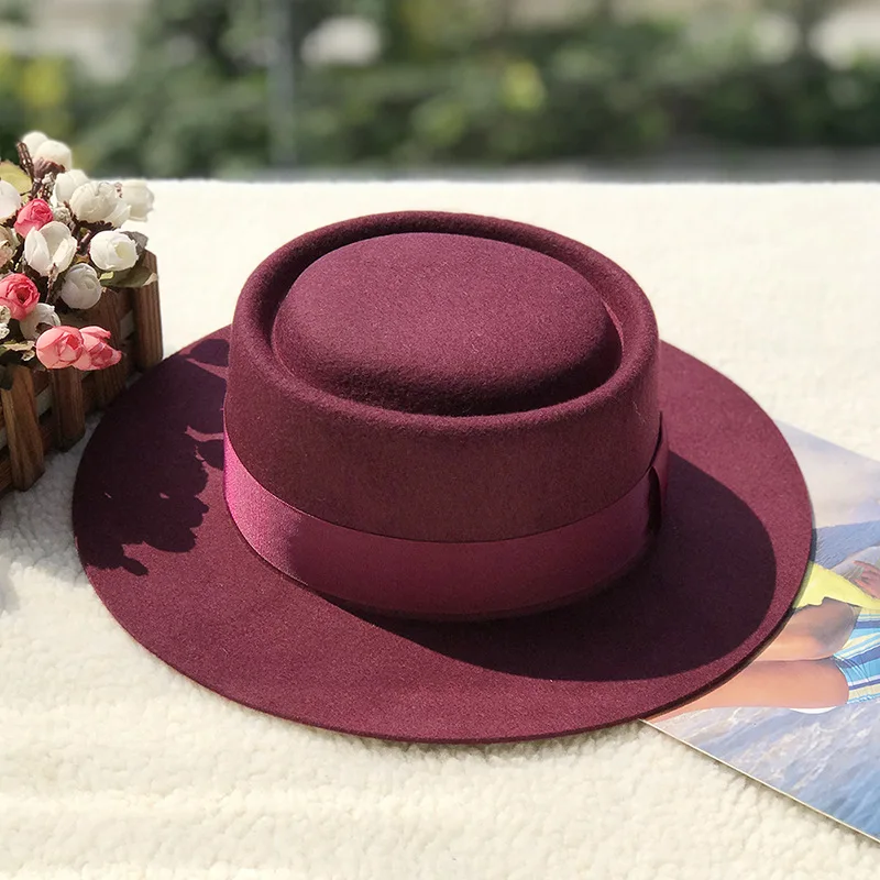 Фиолетовый 01911-fcm368 Британский Стиль шерстяное кольцо Плоская Шляпа Fedora для мужчин и женщин Панама джазовая, шляпа - Цвет: Фиолетовый