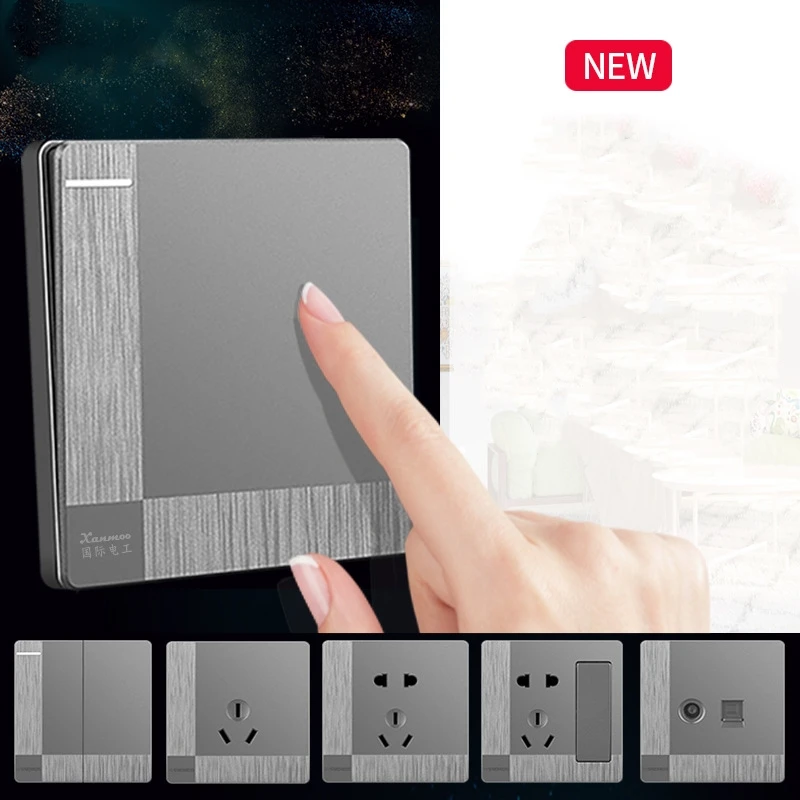 250V 86mm 1/2/3/4 gang 1/2 way PC panel Grey drawing flat panel concealed embedded wall switch weak current socket set A31 afbeelding